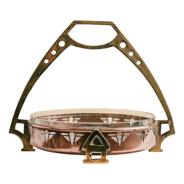 Antique Arts & Crafts Secession Centerpiece in Bronze, Copper and Cut Glass, 1900s For Sale