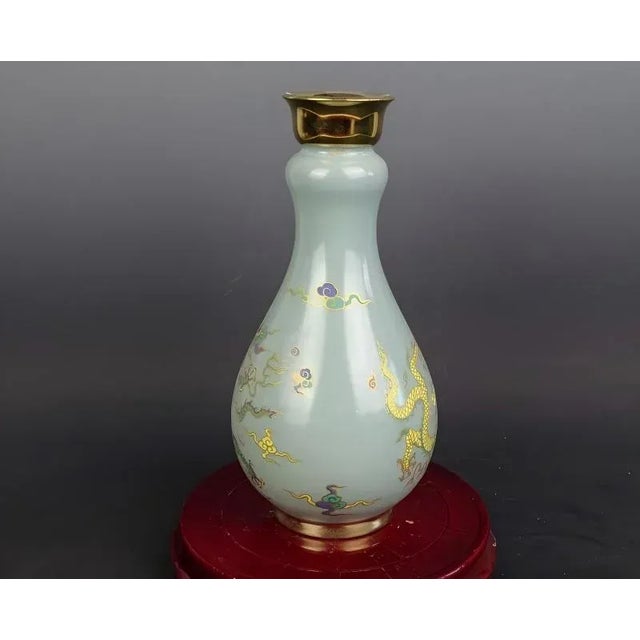 Art Deco Chinese Vintage Ceramic Vase,Sky Blue Glaze Gold Drawing Celadon Vase Hand Painted Dragon Pattern For Sale - Image 3 of 7