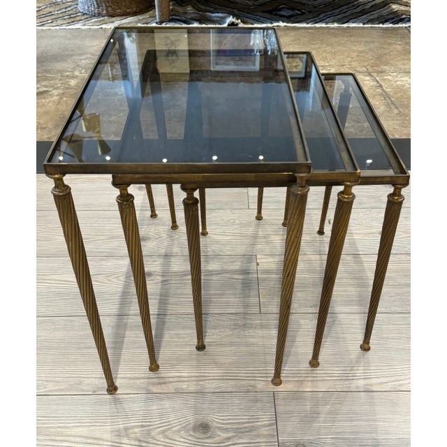 Mid-Century French Brass Nesting Tables With Original Smoke Glass For Sale - Image 4 of 9