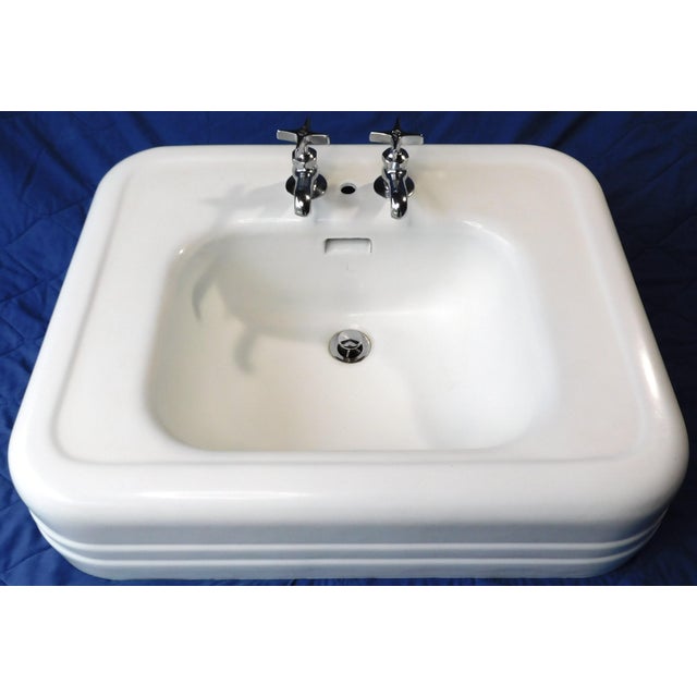 1920s Cast Iron & Porcelain Pedestal Sink With "Central Brass" Chrome Faucets For Sale - Image 4 of 18