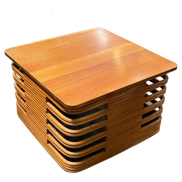 1940s Restored Tall Stacked Rattan Coffee Table With Mahogany Top For Sale - Image 10 of 10