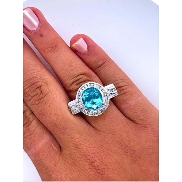Vintage Retro Style 8 Carat Oval Cut Blue Zircon with Diamond Halo in Platinum &, Size 8.25 For Sale In Miami - Image 6 of 7