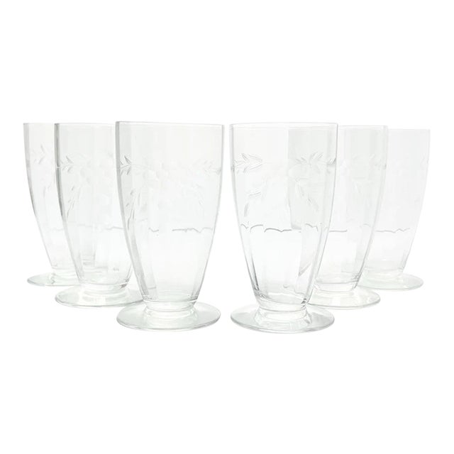 1950s Vintage 6 Etched Flower Optic Iced Tea or Tumbler Glasses For Sale