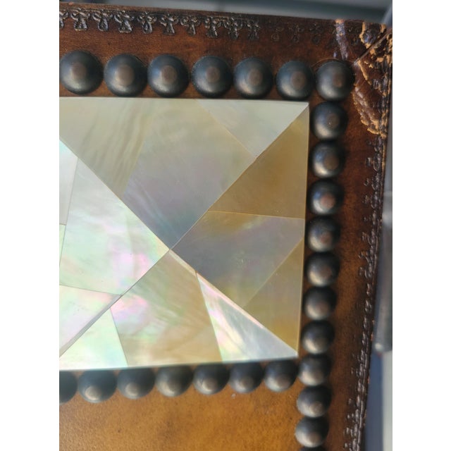 ​vintage Grand Scale Studded Leather and Mother-of-Pearl Inset Wall Mirror For Sale - Image 9 of 12