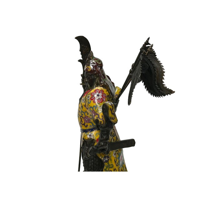 Metal Vintage Cloisonne Yellow Enamel General Guan Yu Warrior Metal Statue For Sale - Image 7 of 18