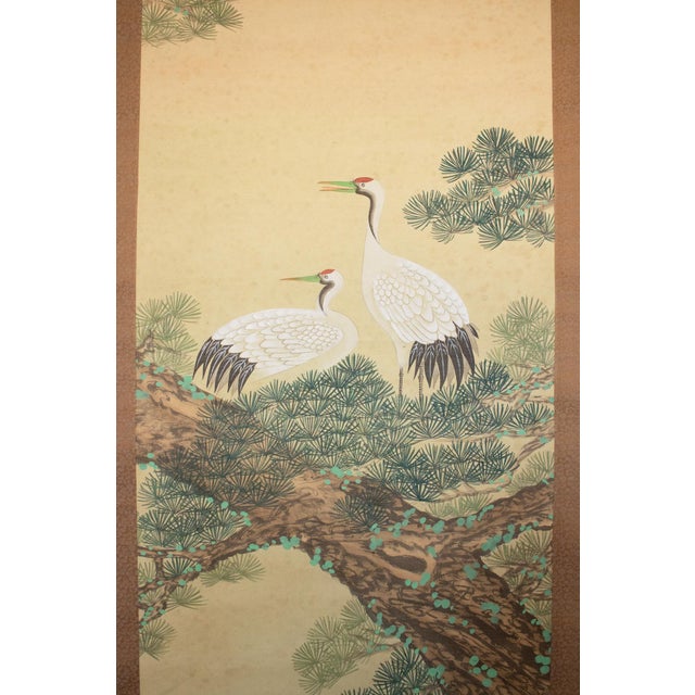 Japanese "Cranes and the Big Pine Tree", Showa Era Japanese Silk Scroll Painting For Sale - Image 3 of 17