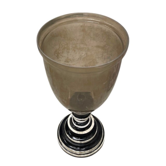 Hollywood Regency Vintage Smoked Glass Hurricane Candle Holder With Black & White Bone Inlay Base For Sale - Image 3 of 12