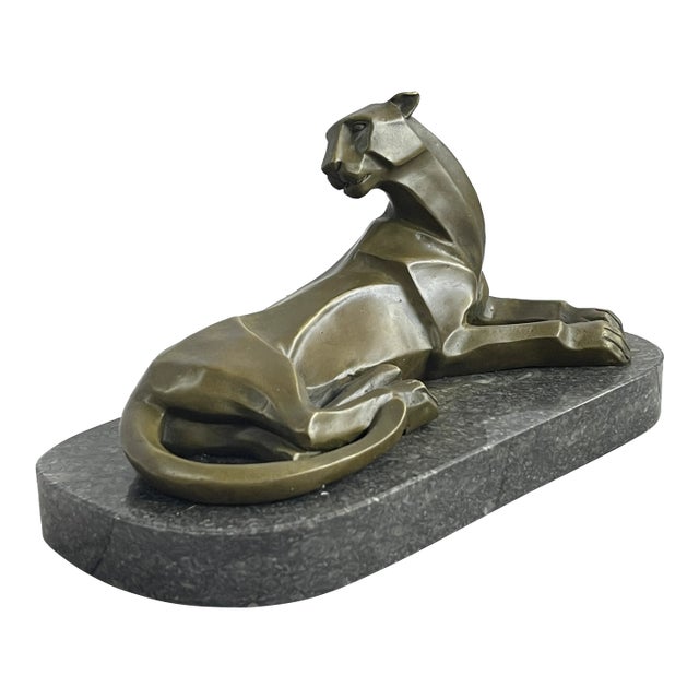 Handcrafted Henry Moore Mountain Lion Bronze Sculpture Marble Base Figurine For Sale