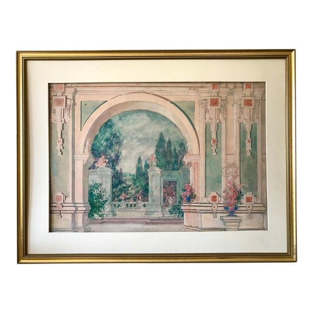 Antique Italian Neoclassical Architectural Garden Courtyard Watercolor Painting For Sale