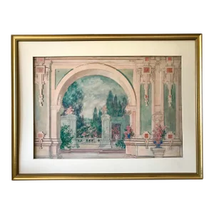 Antique Italian Neoclassical Architectural Garden Courtyard Watercolor Painting