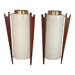 Vintage Mid-Century Modern Sculptural Walnut and Brass Torchiere Table Lamps - A Pair