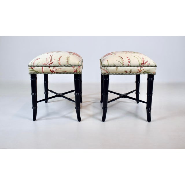 Chinoiserie Vintage Pair of Faux Bamboo Ottomans Benches Stools Floral New Upholstery For Sale - Image 3 of 12