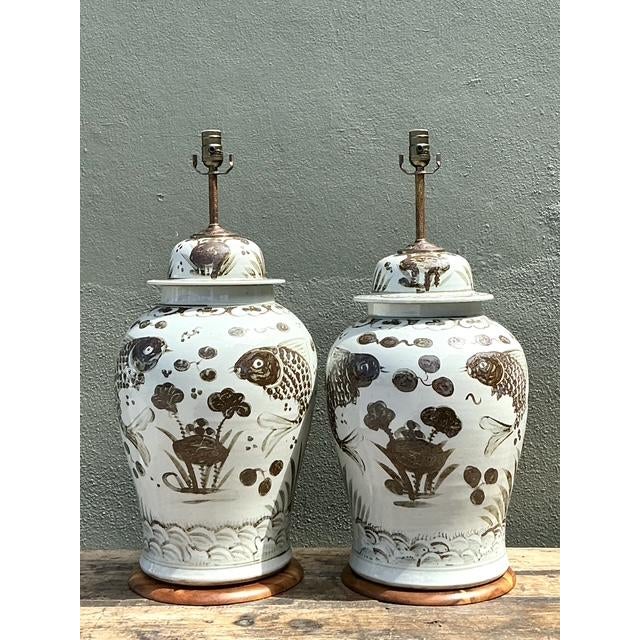 Late 20th Century Vintage Monumental Glazed Ceramic Koi Lamps - A Pair For Sale - Image 5 of 12
