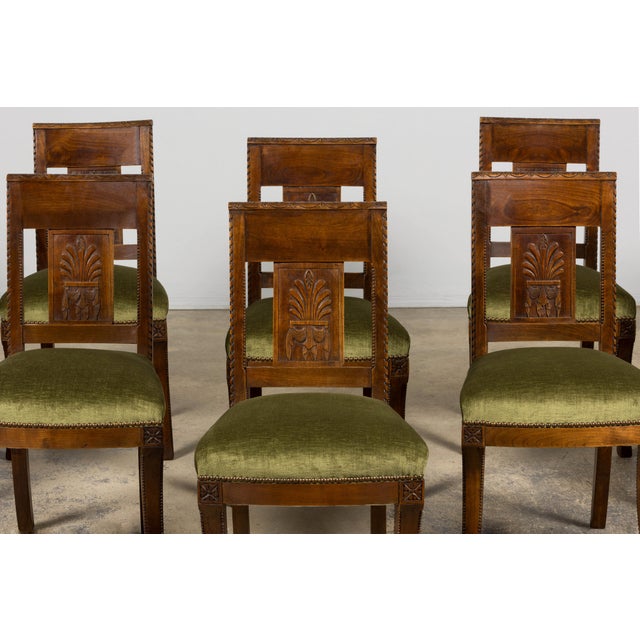 French Set of 10 Mid-19th Century French Directoire Walnut Dining Chairs in Olive Green For Sale - Image 3 of 18