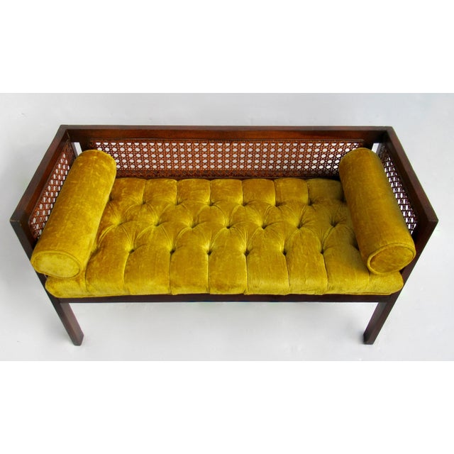 C.1970's Crushed Velvet Velour Button-Tufted Upholstered Caned Wood Bench With Bolster Pillows For Sale - Image 16 of 18