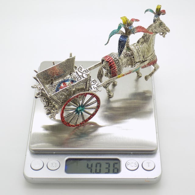 Large Vintage Italian Handmade Silver Carretto Siciliano Carriage with Enameled Parts, Sicily, 1980s For Sale - Image 11 of 13