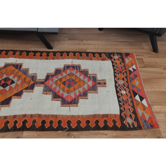 1970s Vintage Turkish Handmade Wool Cotton Cream Orange Runner Rug For Sale - Image 9 of 11