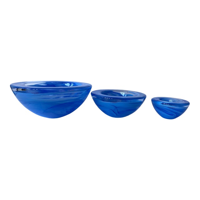 Kosta Boda Light Blue Swirl Atoll Glass Bowls - Set of 3 For Sale