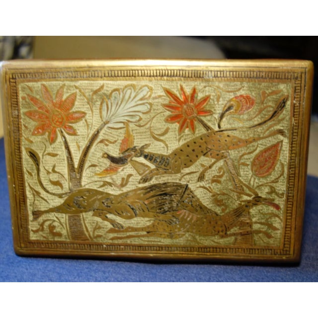 Bloody, hunting: gazelle eats fowl, lion eats gazelle. Antique brass box, Pakistan, cigarettes? Cigars? Manly. Dellicate...