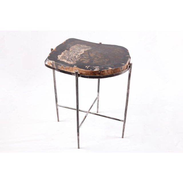 Contemporary Living Edge Petrified Wood Top W Iron Stand Accent Table or Side Table 50 For Sale - Image 3 of 5