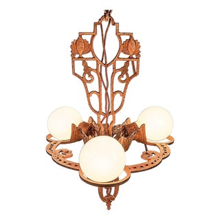 1925 Art Deco Brass Three Light "Winthrop" Circular Chandelier by Virden For Sale