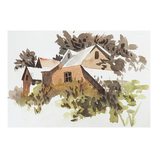 Contemporary Monotone Old Farmhouse Watercolor Painting For Sale