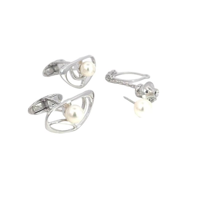 Mikimoto Estate Akoya Pearl Cufflinks + Tie Pin Set Sterling Silver 6.75 mm M378 These elegant Authentic Mikimoto Estate...