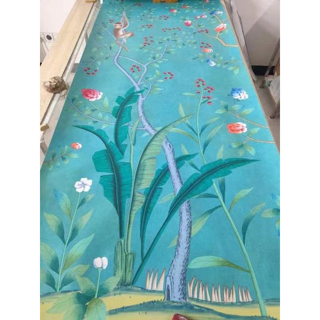 Hand Painted Teal Tropical Chinoiserie Jungle Animal Mural Panel For Sale - Image 4 of 7
