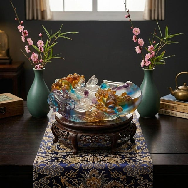 Chinese Liuli Crystal Glass Pate-De-Verre Pixiu Bowl Display Figure For Sale - Image 13 of 13