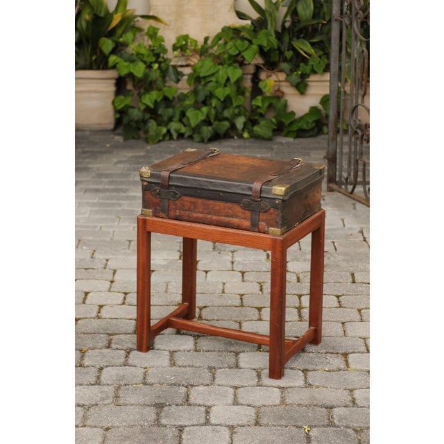 English Leather Bound Box on Rectangular Mahogany Custom Stand, circa 1880 For Sale - Image 9 of 11
