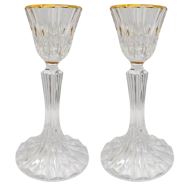 Elevate your tablescape with this exquisite pair of vintage French crystal candlestick holders by Cristal d'Arques-Durand....
