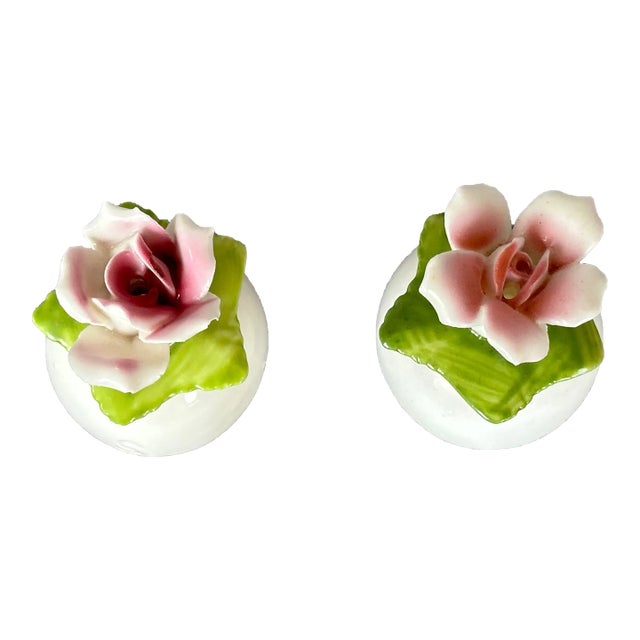 Vintage Porcelain Flower Salt and Pepper Shakers, a Pair For Sale