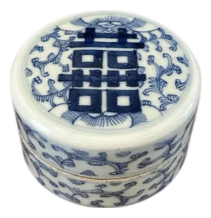 Vintage Blue & White Chinese Double Happiness Chinoiserie Cylindrical Lidded Ceramic Padte Pot / Powder Jar / Trinket Box / Vessel