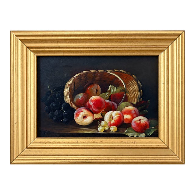 Petite Apple Basket Still Life Oil Painting in Gilt Frame For Sale