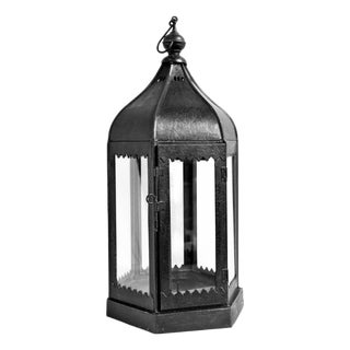 Vintage Moorish Black Iron Lantern / Candleholder Small For Sale