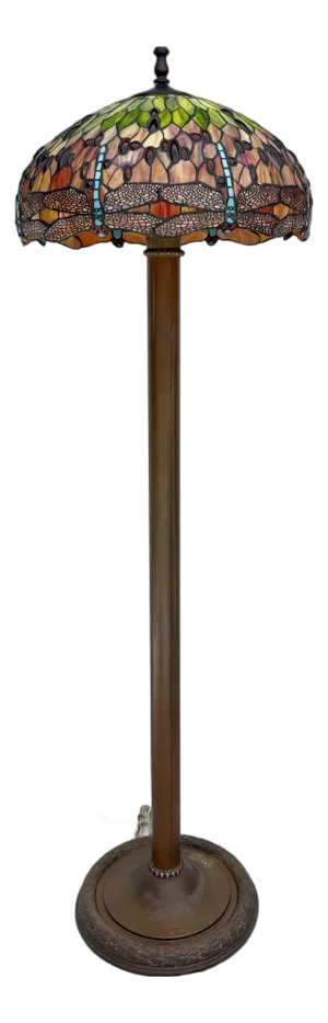 Early 20th Century Copper Floor Lamp With Tiffany-Style Dragonfly Stained Glass Shade