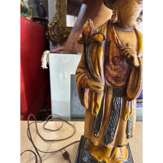 Wood 1970s Wooden Hand Carved Figurative Large Lamp With Shade For Sale - Image 7 of 8