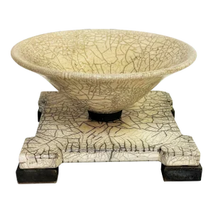 Vintage Chinese Crackle Glaze Raku Pottery Rinsing Bowl With Stand