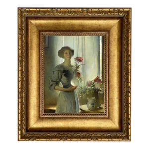 June, Woman With Flowers, 8" X 10" Print on Canvas in Wide Antiqued Gold Frame