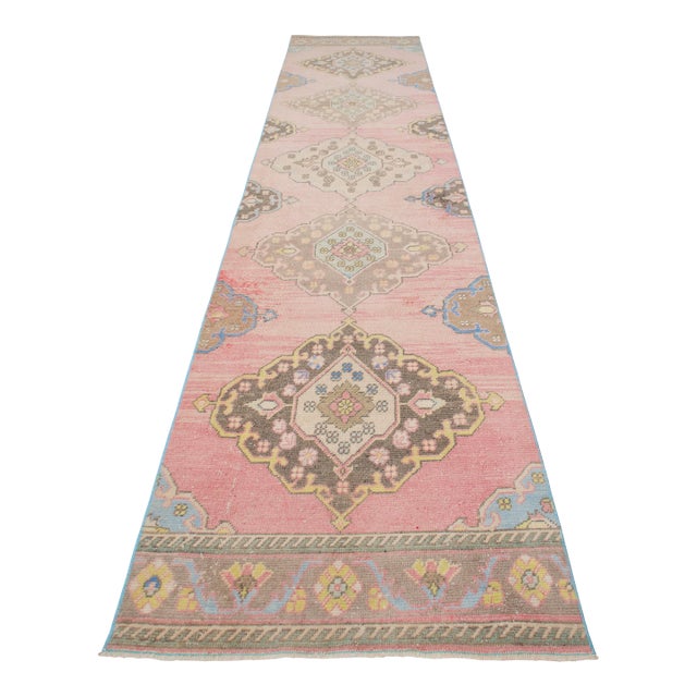 1960s Traditional Turkish Runner Hand Knotted Distressed Low Pile Pink Hallway Rug Kitchen Decor For Sale