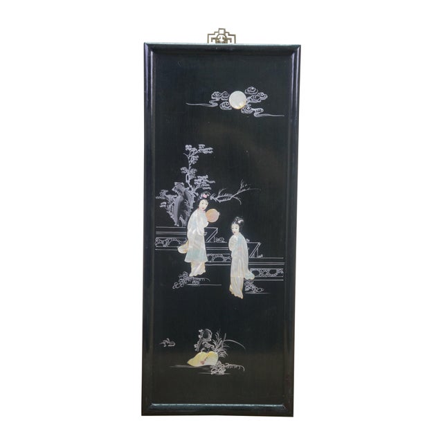 Chinoiserie Black Lacquered Mother of Pearl Geisha Garden Courtyard Panels 24" For Sale - Image 3 of 13