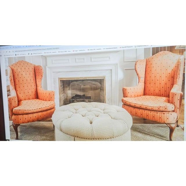Vintage Queen Anne style Wing Chairs. Solid mahogany legs. Gorgeous striated diamond pattern reminiscent of vintage...