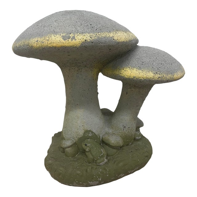 Mid 20th Century Concrete Mushroom and Frogs With Yellow Accents For Sale