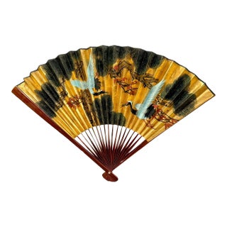 Stunning 70 Inch Vintage Chinese Hand Painted Gilt Wall Fan Cranes and Pine Motif For Sale