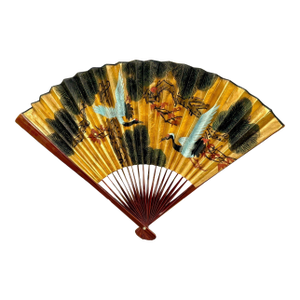 Stunning 70 Inch Vintage Chinese Hand Painted Gilt Wall Fan Cranes and Pine Motif