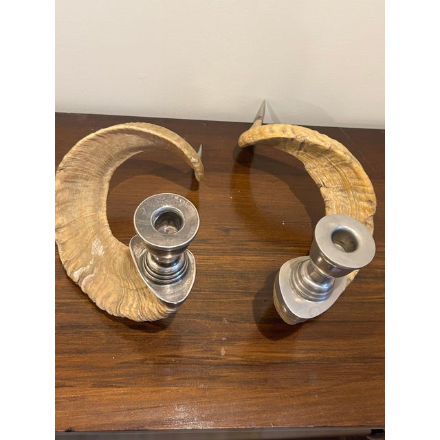 Vintage Pair of Large Natural Ram Horn Candleholders With Silver-Tone Cups — Rustic Lodge Sculptural Décor For Sale - Image 4 of 6