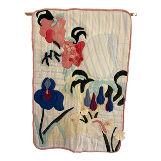 1975 One-of-a-Kind Hand Quilted Floral Rabbit Art Quilt Wall Hanging For Sale