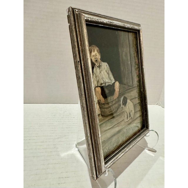 Early 20th Century Antique w.c. Vincent Miniature Watercolor Painting Boy Wash Tub Dog Framed For Sale - Image 5 of 6