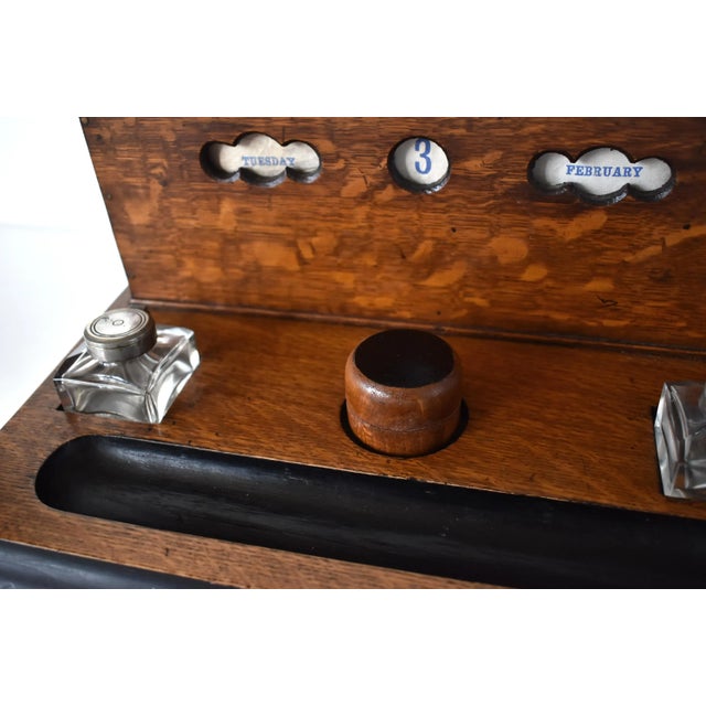 Brown Victorian Tiger Oak Letterbox and Inkstand With Perpetual Calendar For Sale - Image 8 of 13