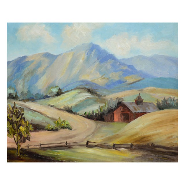 Beautiful mid century California landscape painting of a red barn tucked in the hills beneath Mt. Tamalpais, by an unknown...